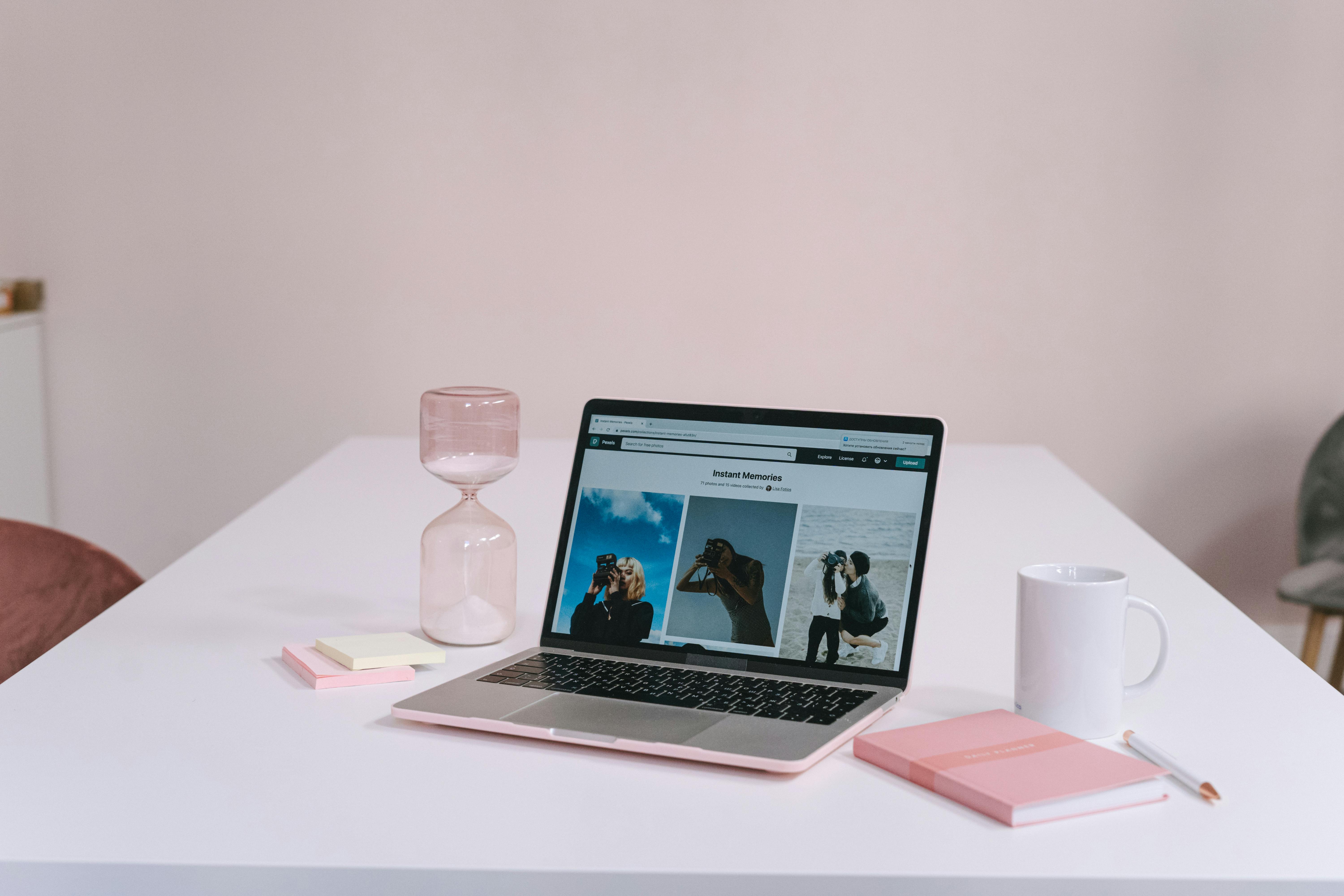 Workspace with laptop, notebook and office tools