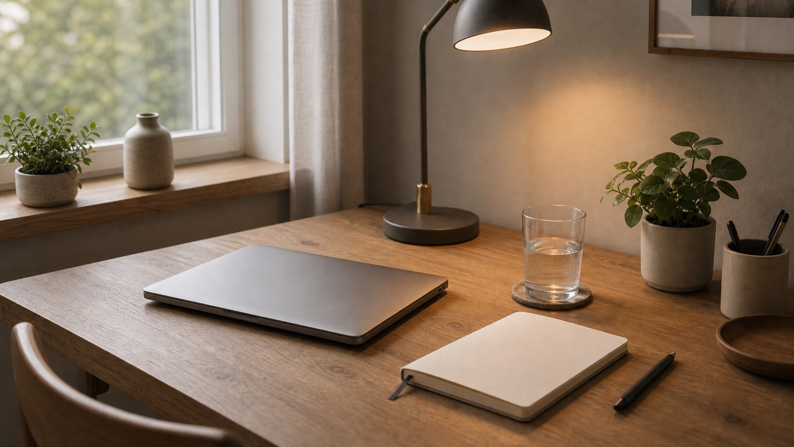 Laptop and notebook on a calm work desk