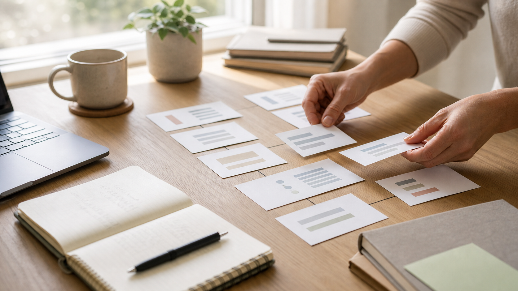 Hands arranging neutral paper cards with colored line markers