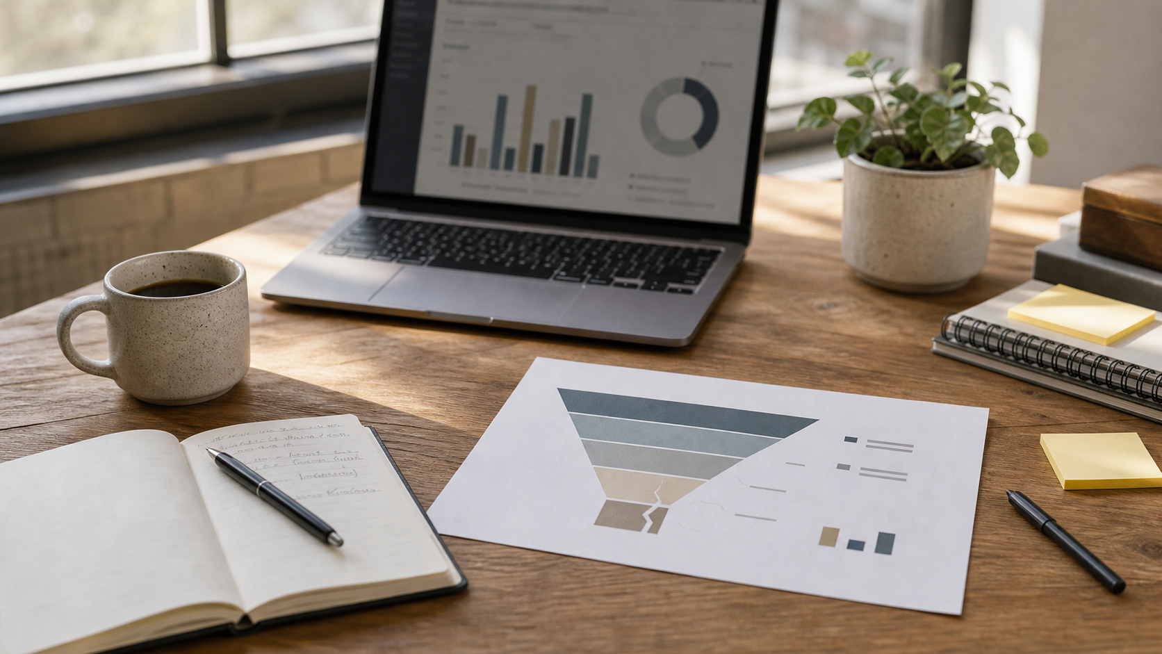 Quiet desk with laptop, notebook, and printed chart with a simple funnel diagram