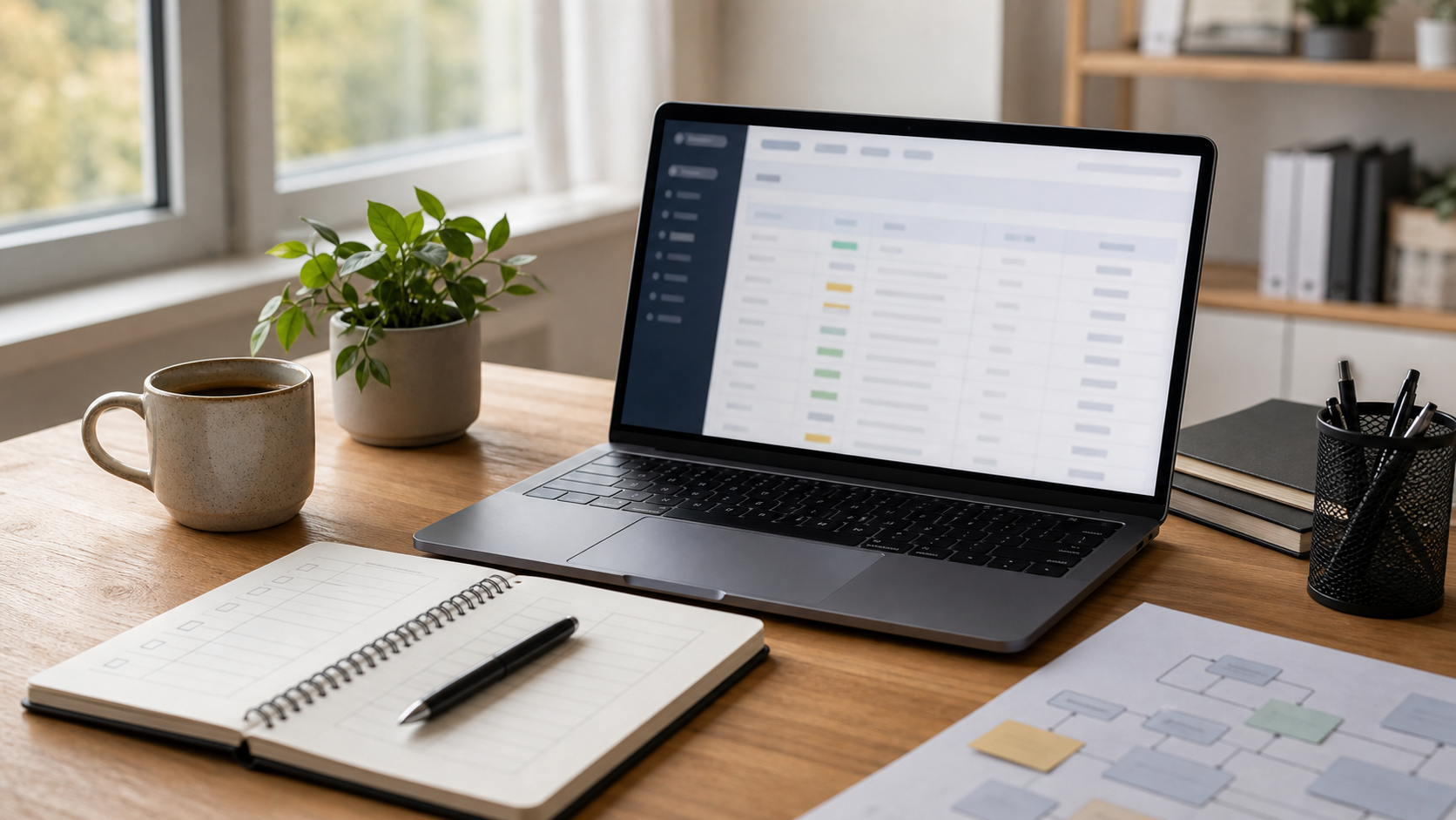 Laptop with blurred CRM-like columns and a notebook, calm handoff review