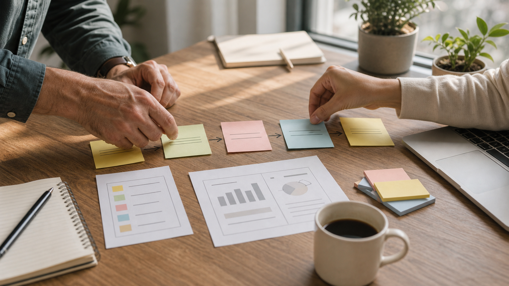 Hands placing sticky notes in a simple sequence from lead to opportunity on a neutral table