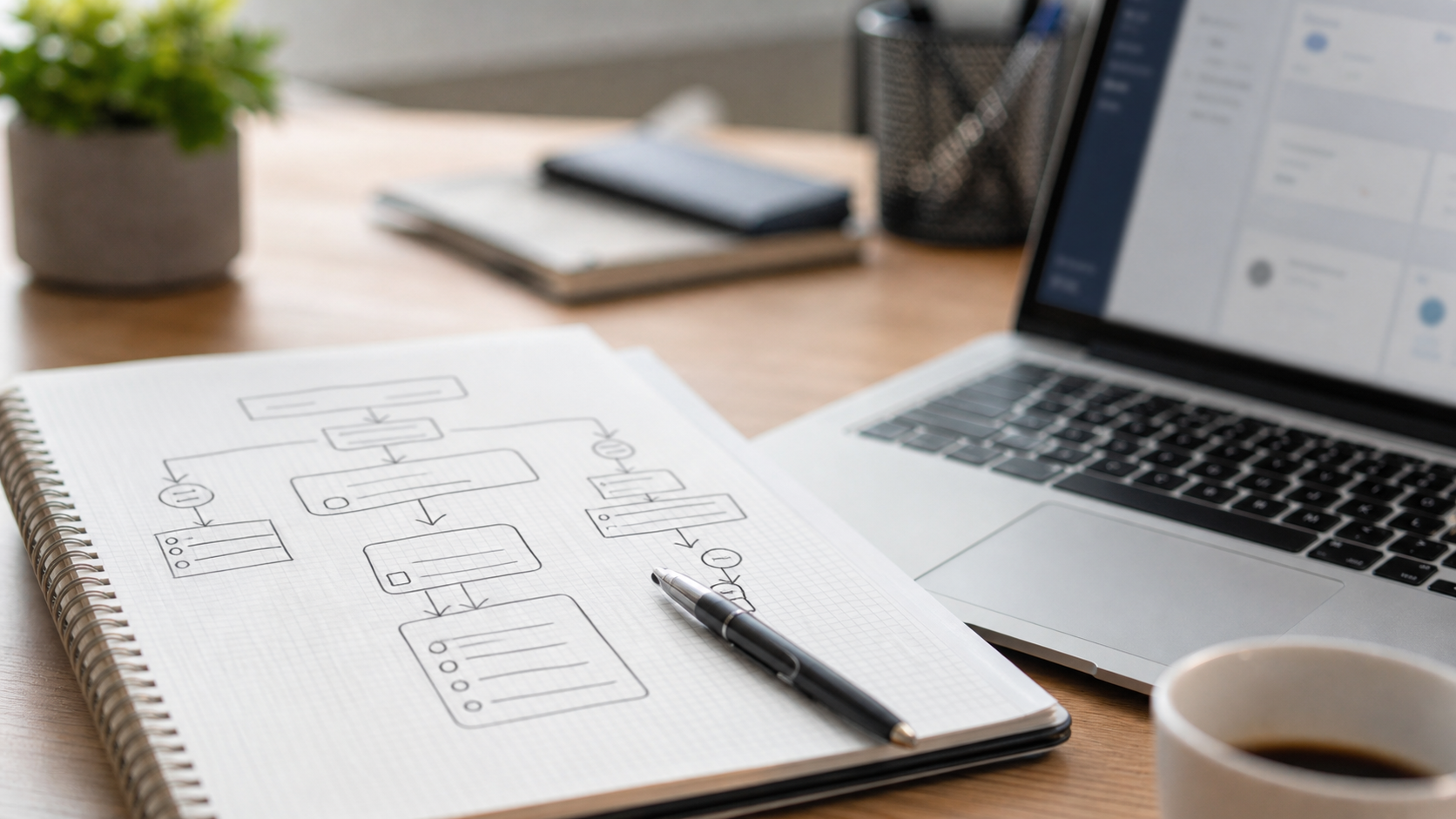 Close-up of notebook, pen, and CRM workflow sketch beside laptop keyboard