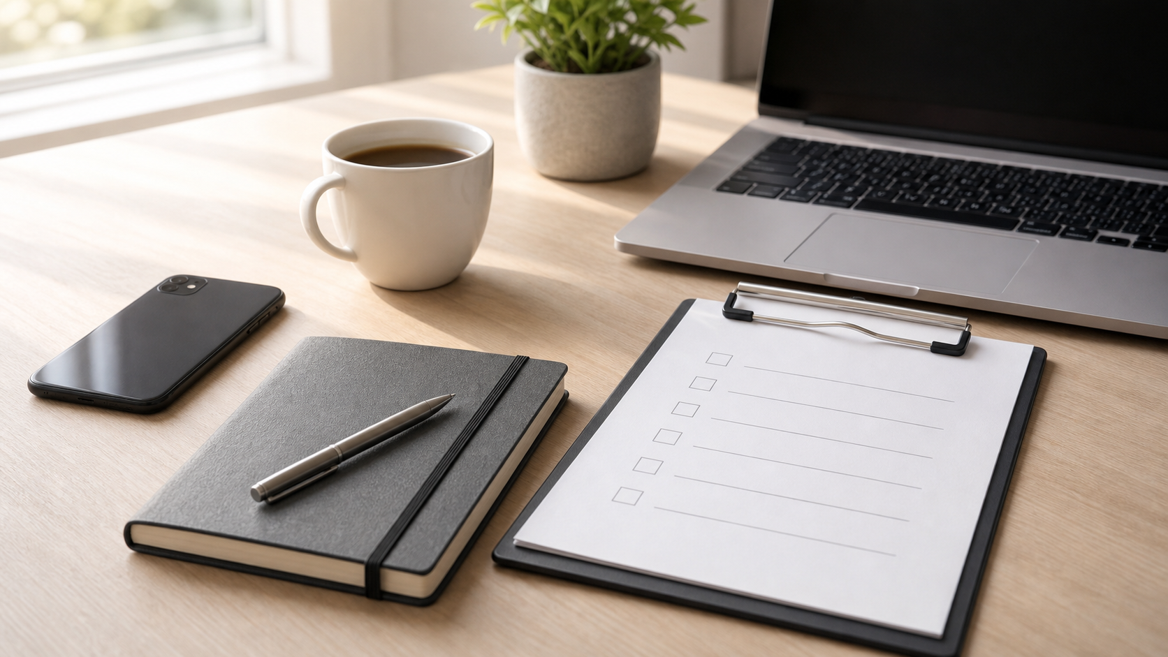 Calm workspace with phone, notebook, and sales follow-up checklist