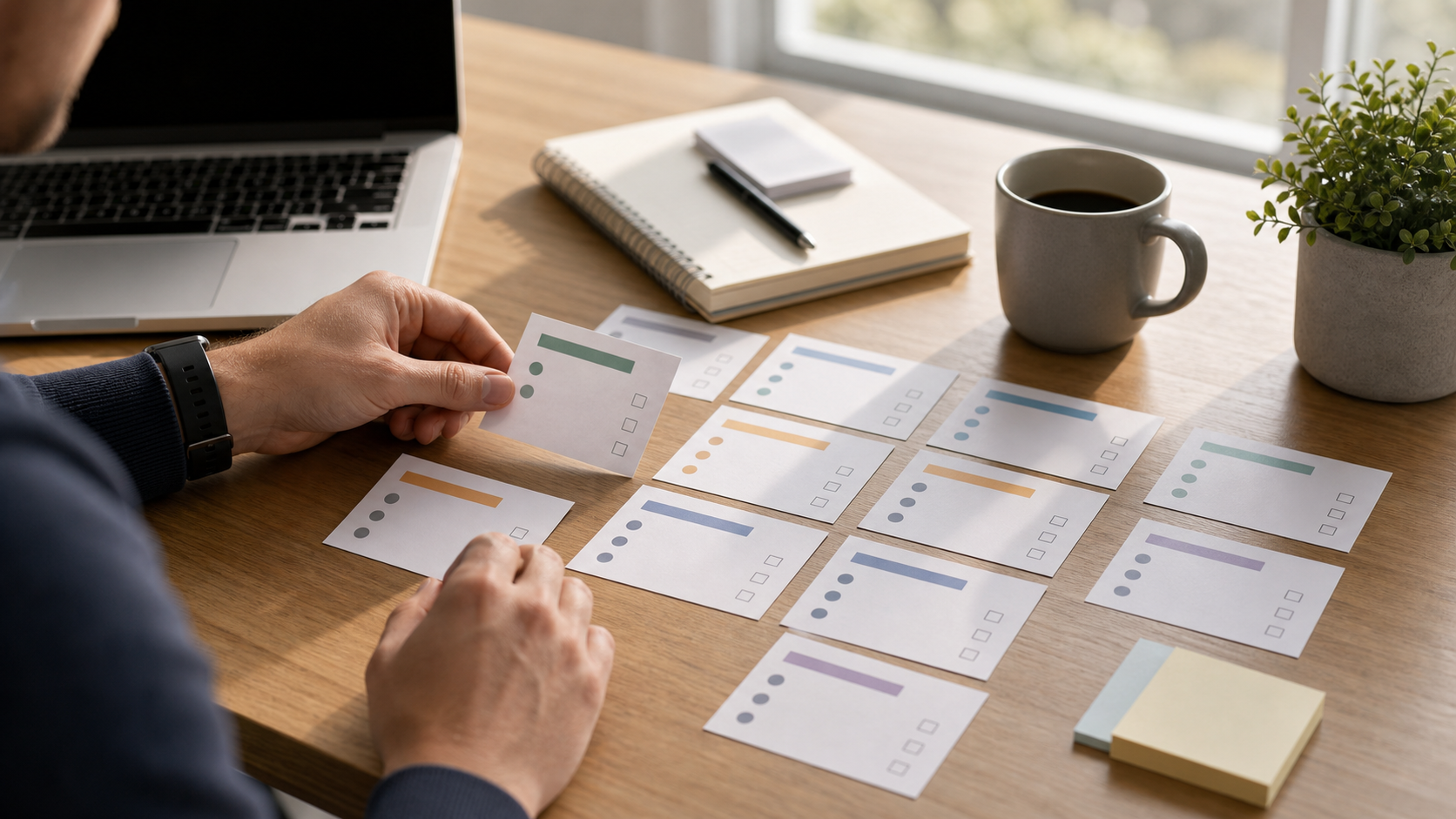 Hands organizing paper cards for paid search intent groups