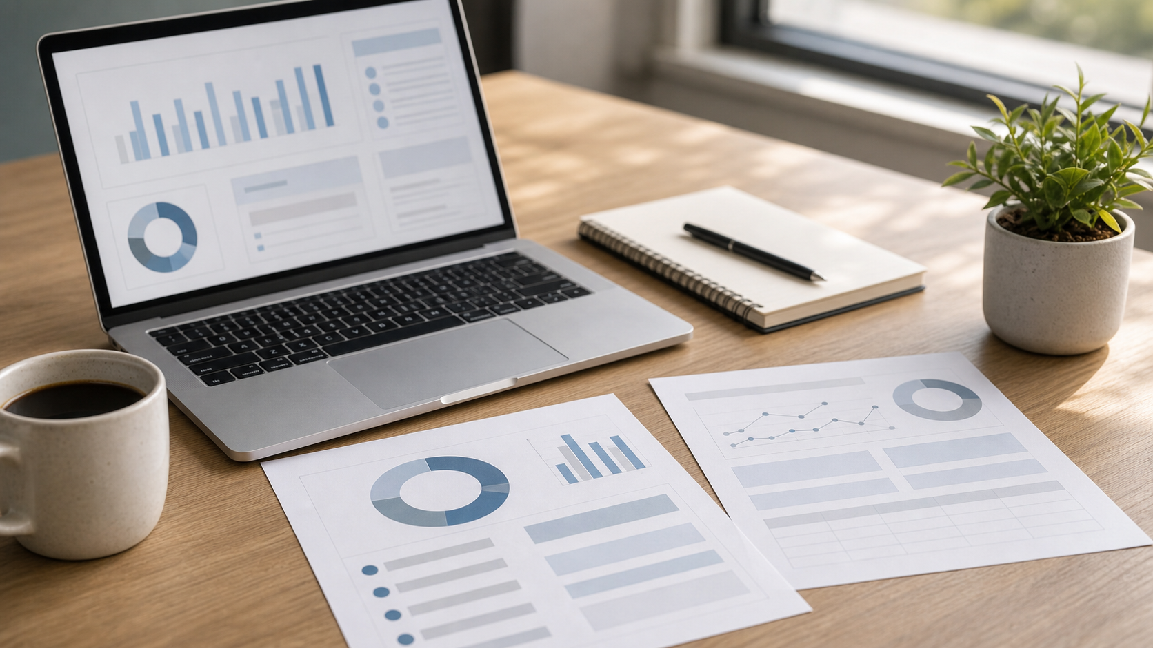 Calm office desk with laptop and muted chart papers for ad spend diagnostic