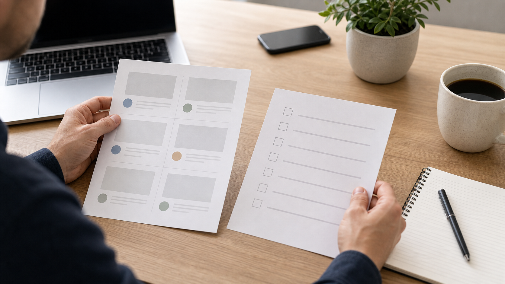 Hands comparing creative notes and lead quality checklist on a neutral table