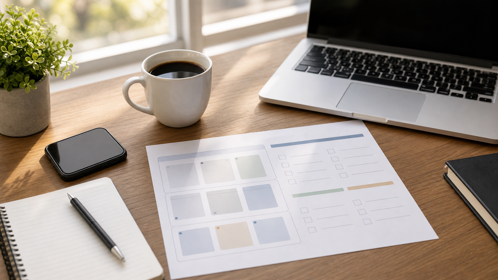 Quiet workspace with phone, laptop, coffee, and printed offer-fit worksheet