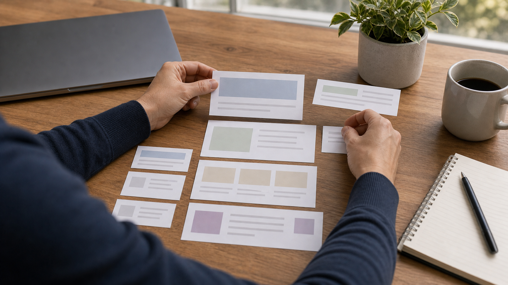Hands arranging page-section cards on a wooden table, calm conversion review
