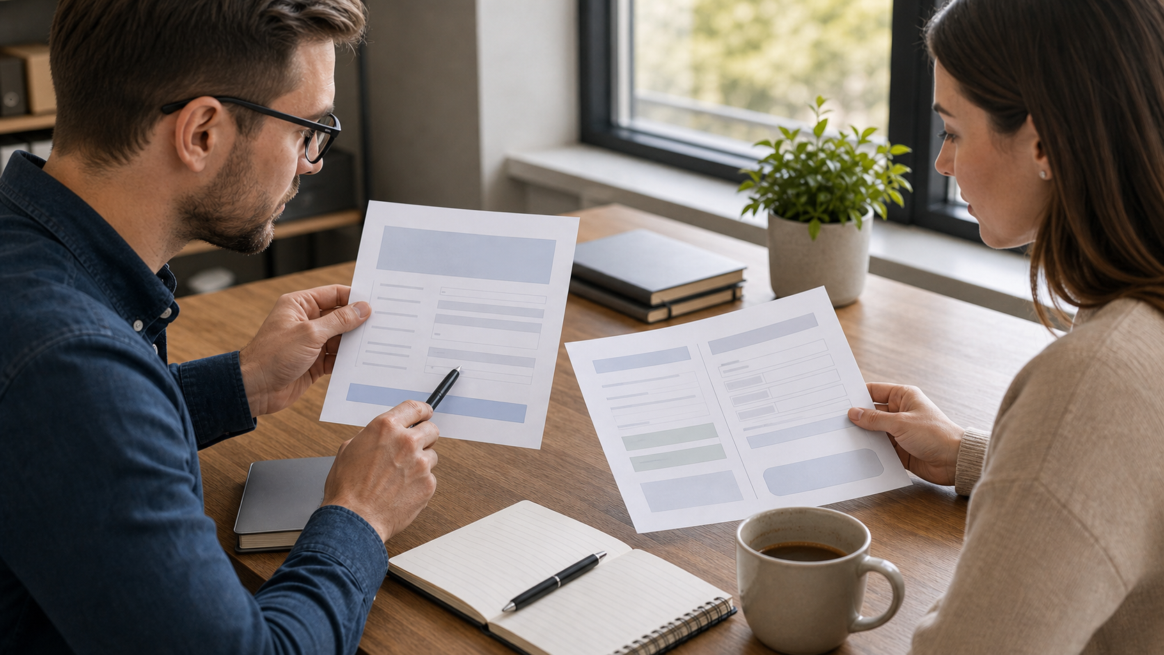 Two adults discussing form friction notes in a soft daylight office
