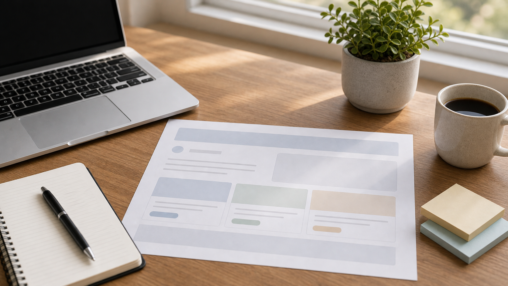 Minimal desk scene with printed page layout and small plant, warm neutral tones