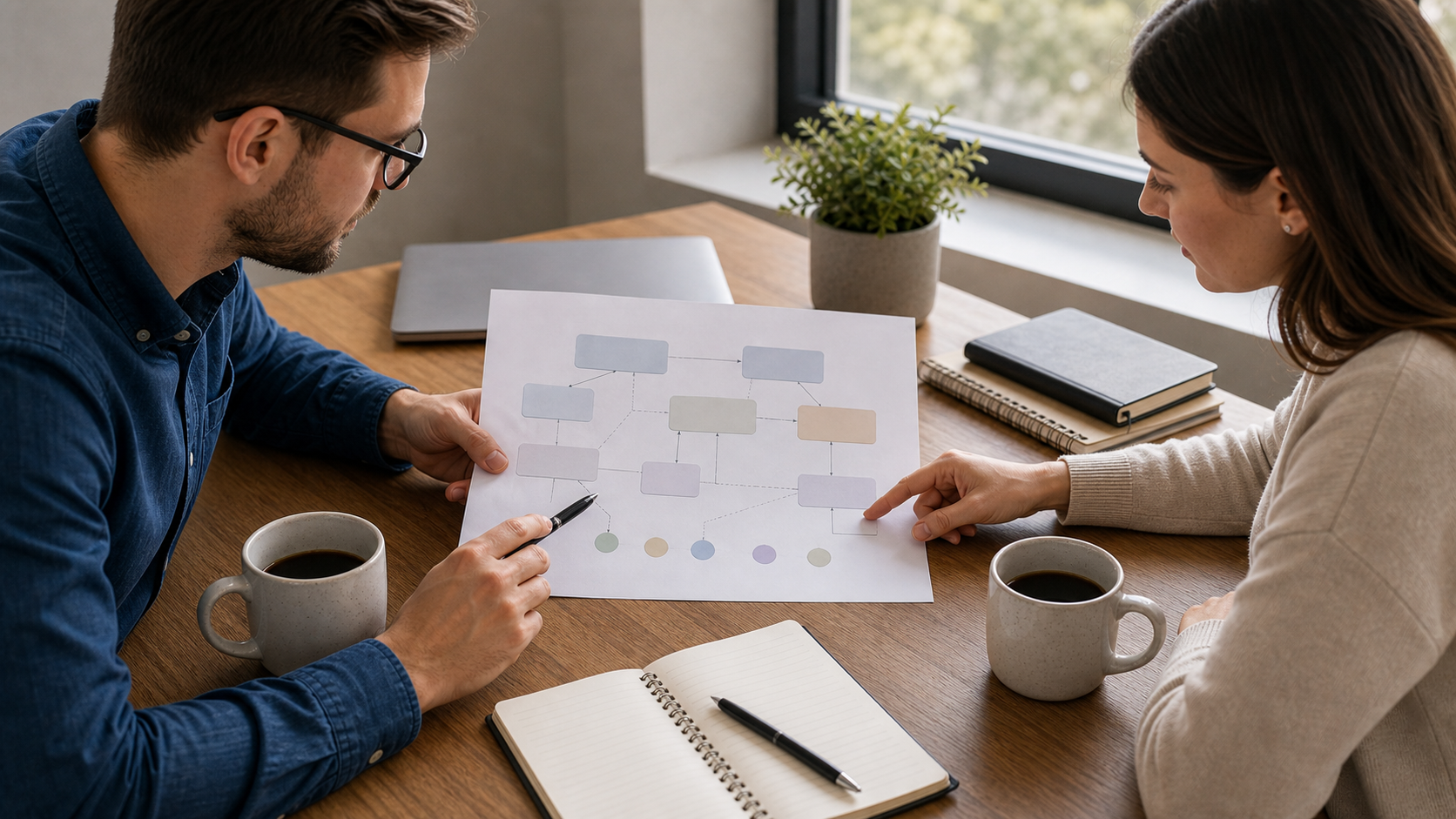 Two colleagues reviewing a simple internal-link map on paper in a calm office