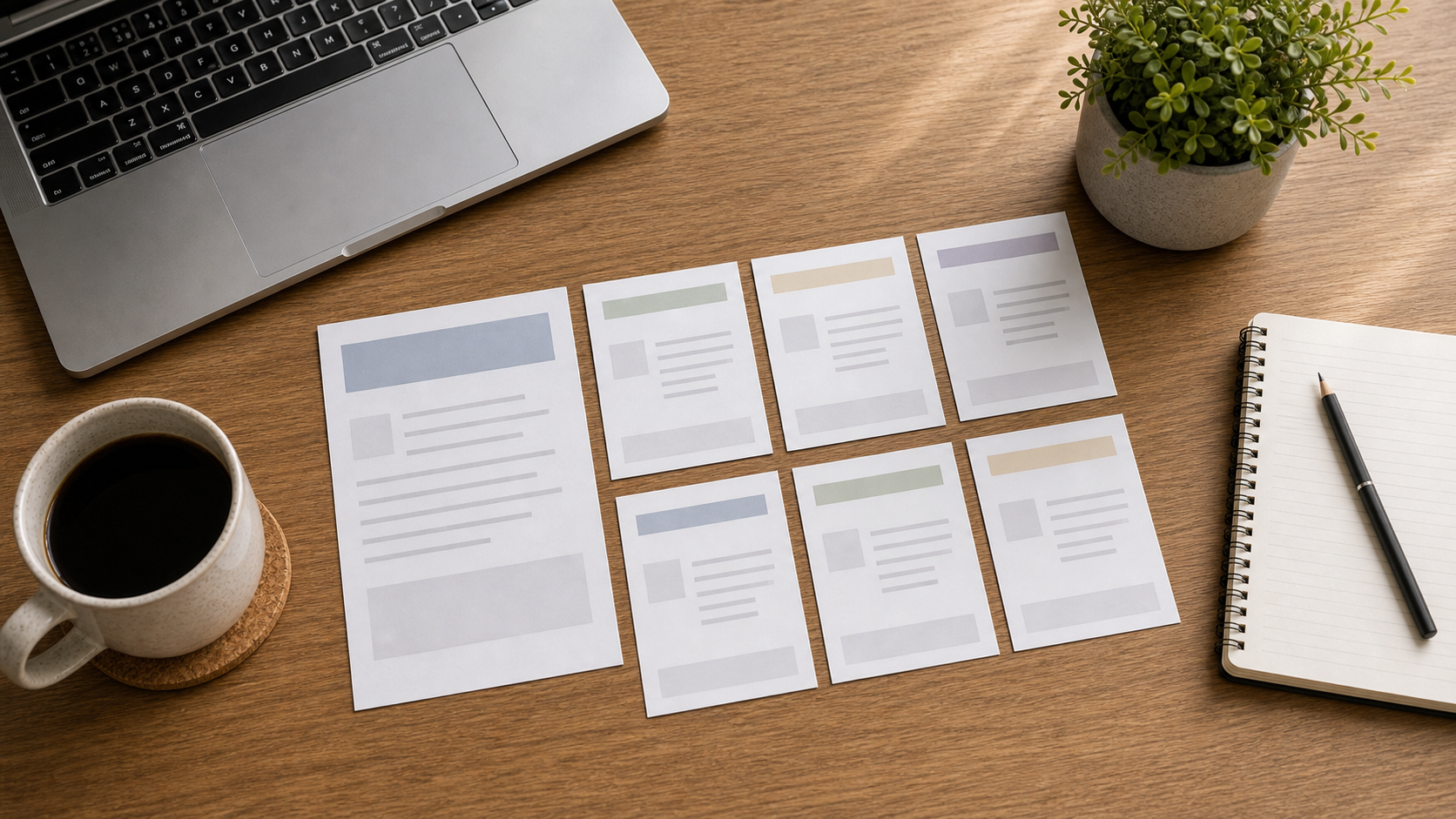 Flat lay of article outline cards, pencil, coffee, and laptop edge