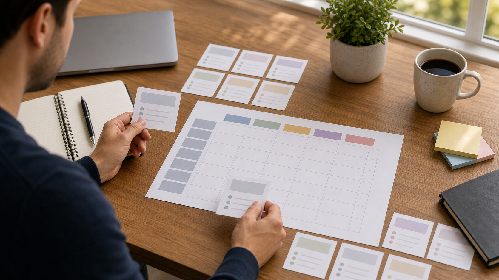 Operator comparing content gap notes and search intent matrix