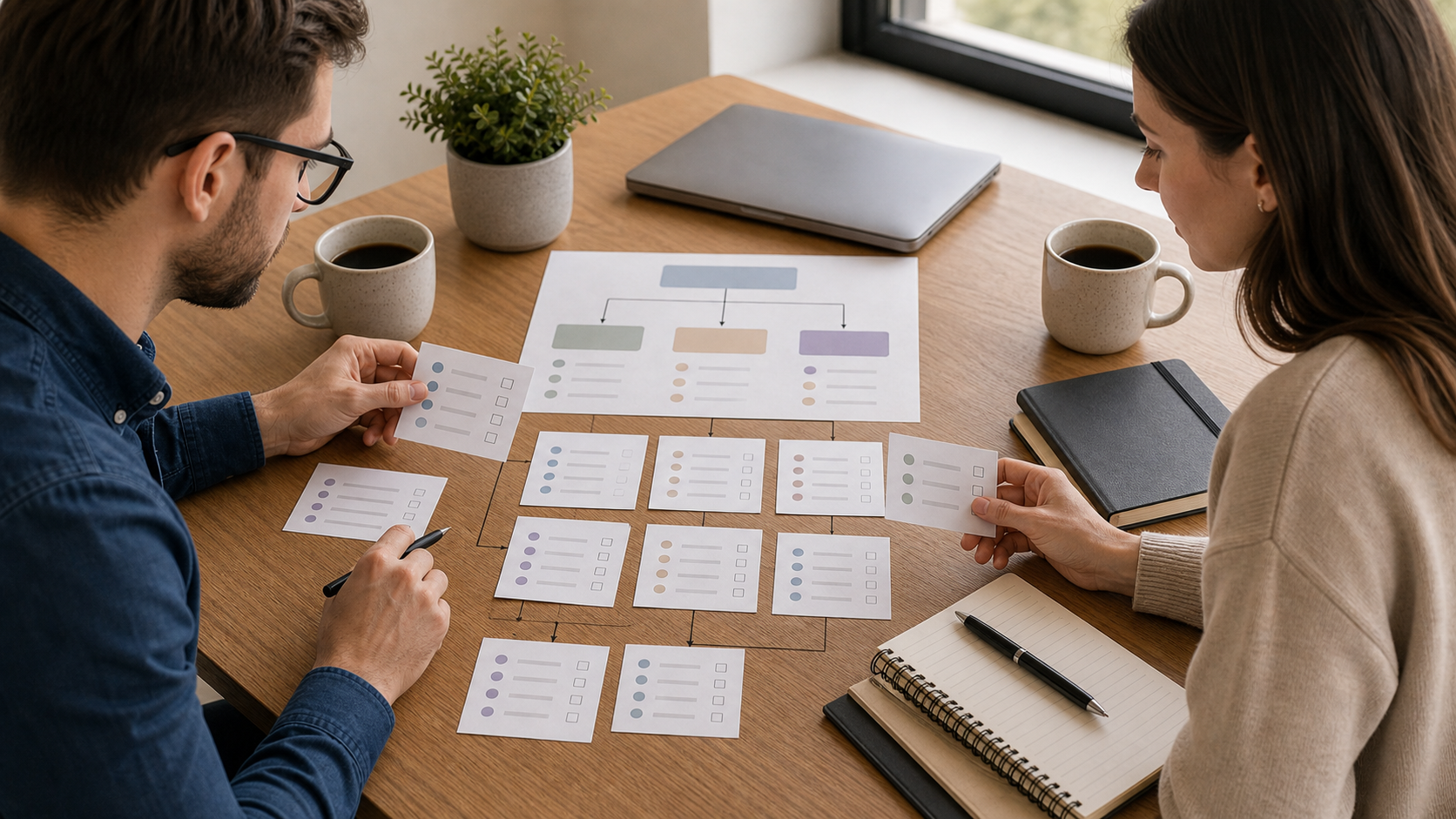 Two teammates reviewing process ownership cards on a neutral office table