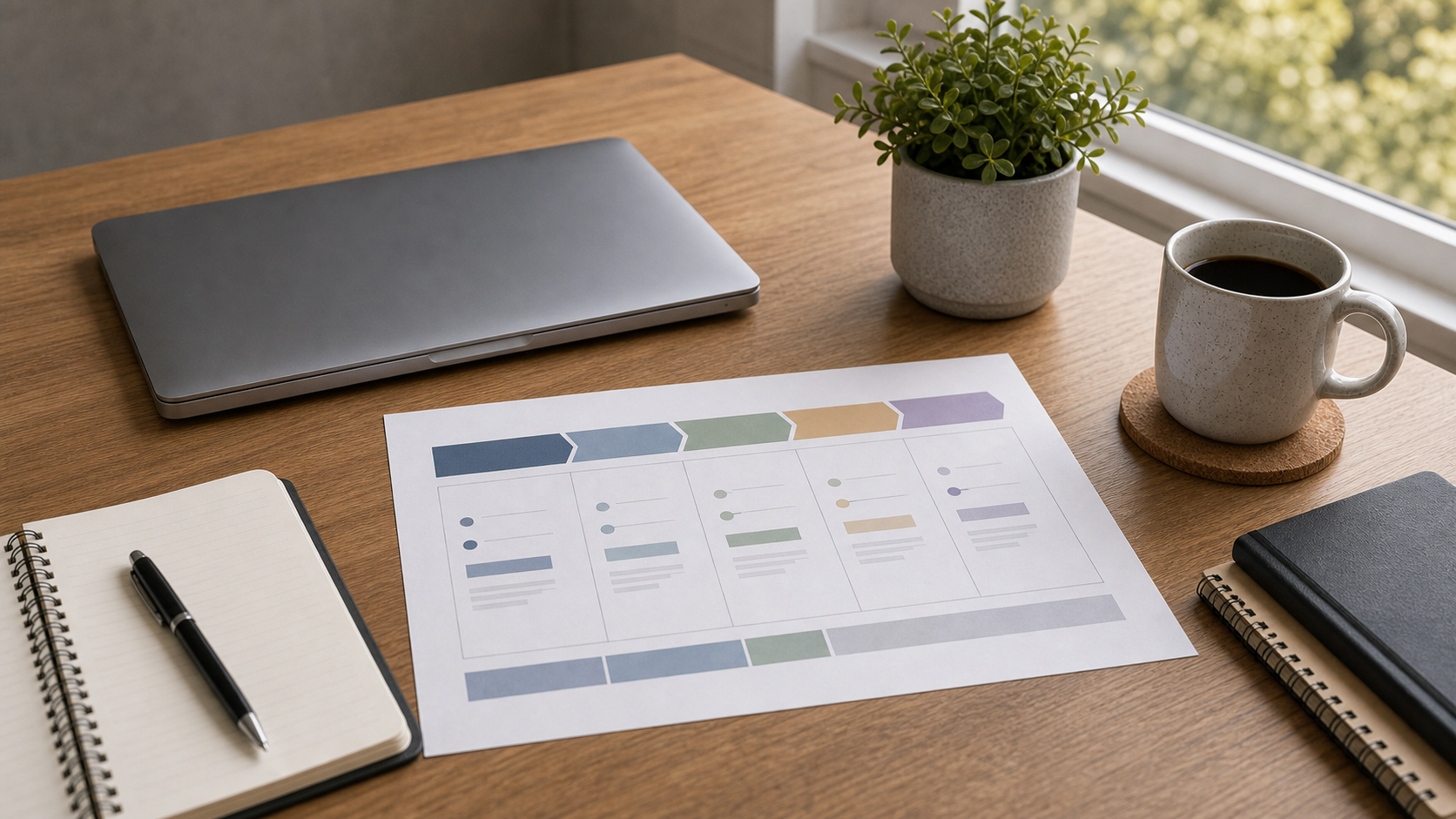Quiet executive workspace with laptop closed, notebook, and printed pipeline chart