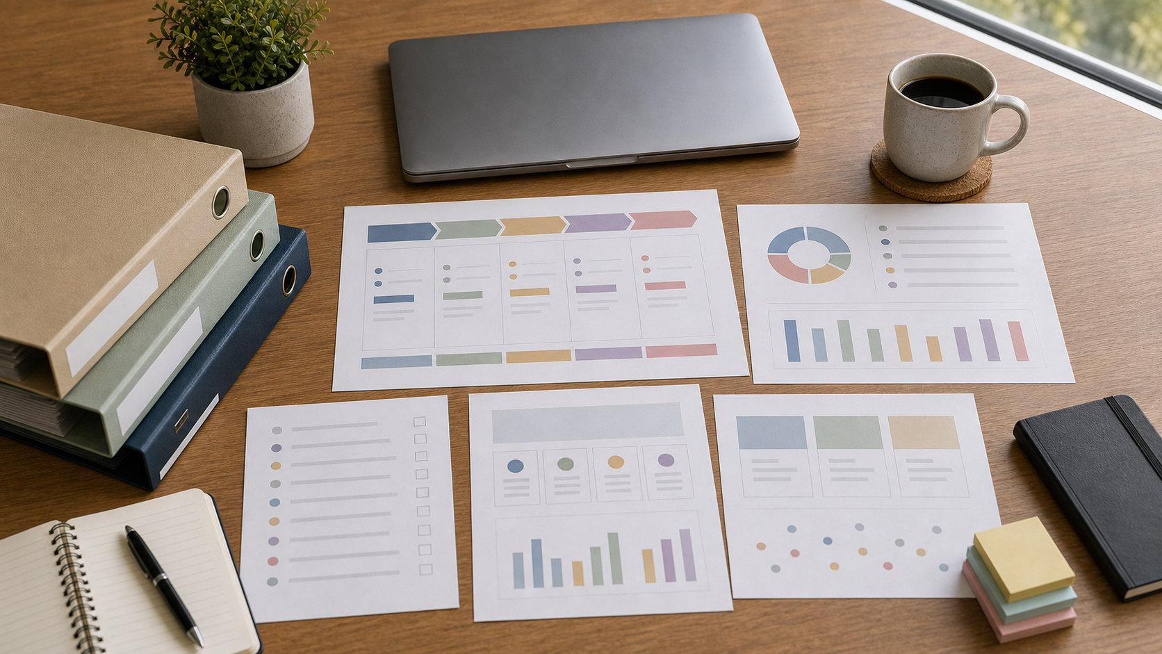 Flat lay of project folders, laptop, and client reporting notes