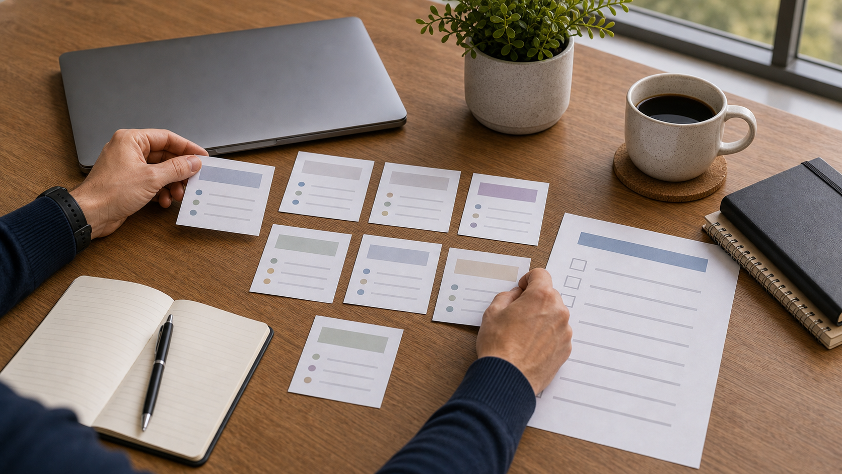 Hands arranging client account cards and quality checklist