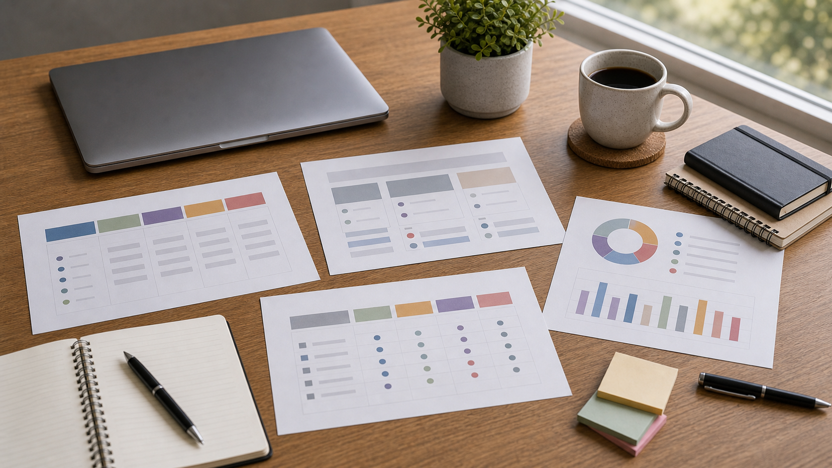 Business evidence review desk with printed charts, notebook, and laptop near window