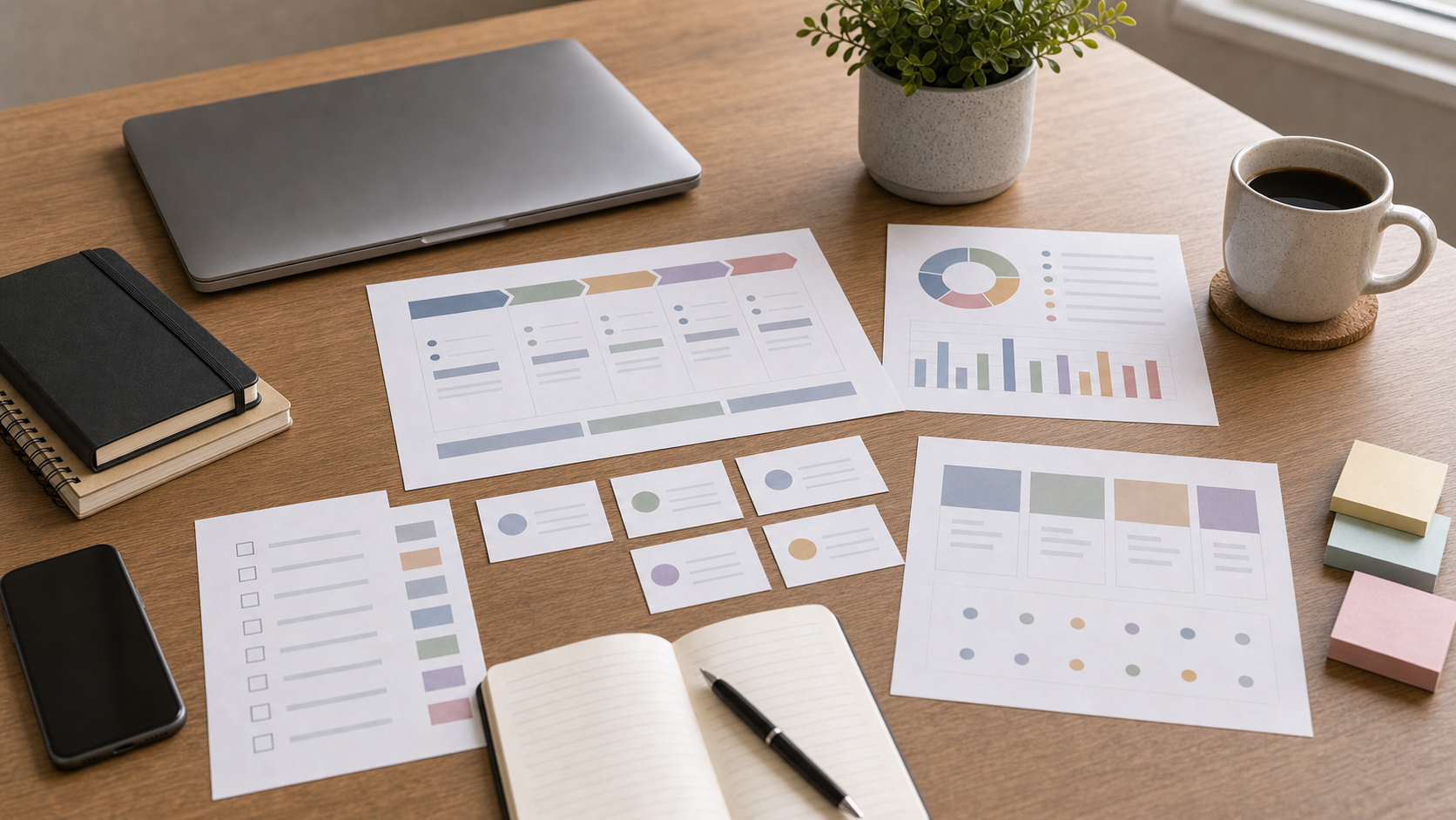 Quiet workspace with neutral chart papers, coffee, and handwritten notes