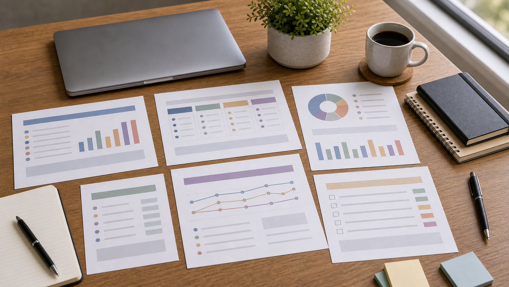Flat lay of report summary pages with colored bars and blank lines