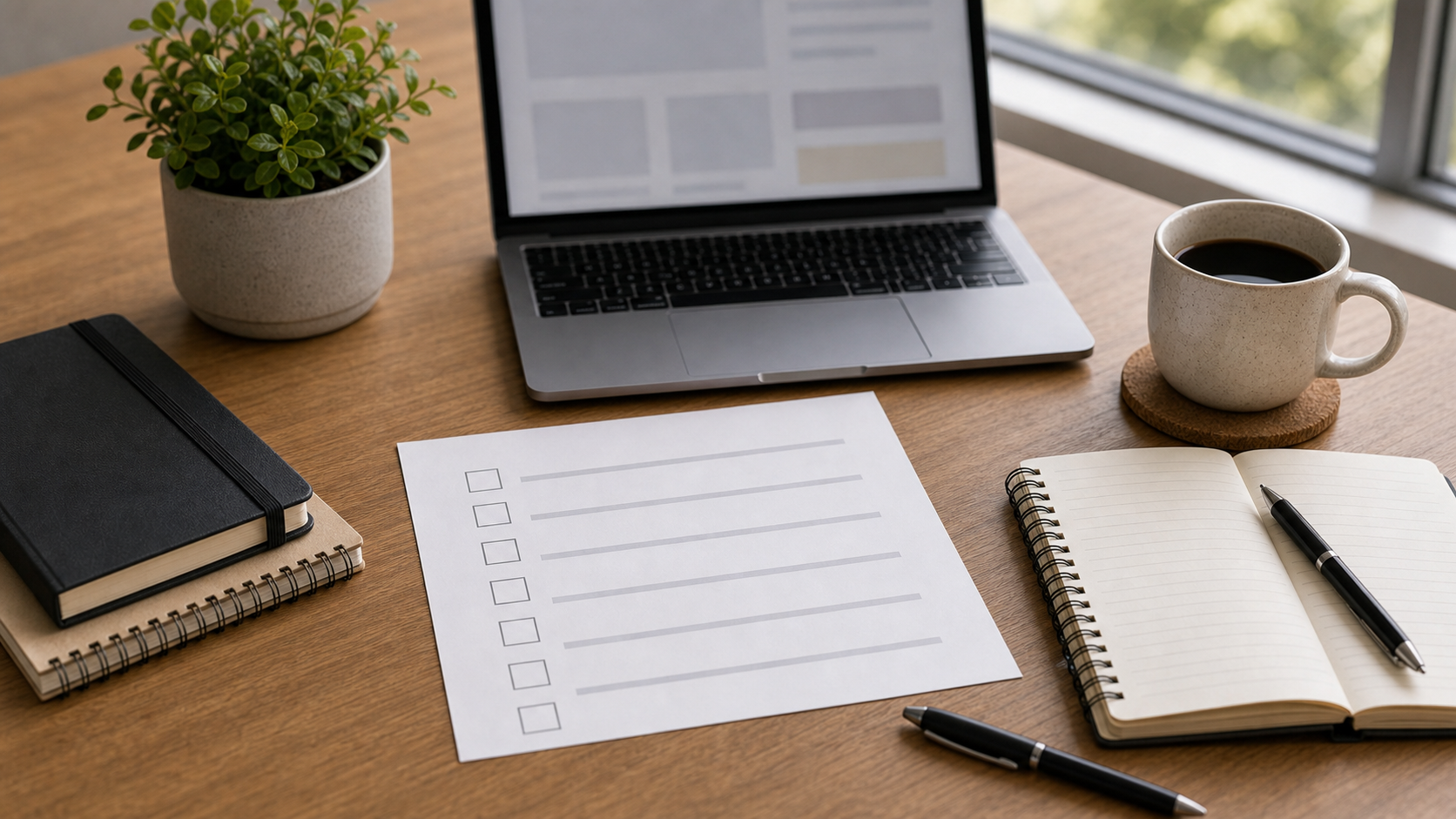 Content quality checklist beside laptop, notebook, and small plant