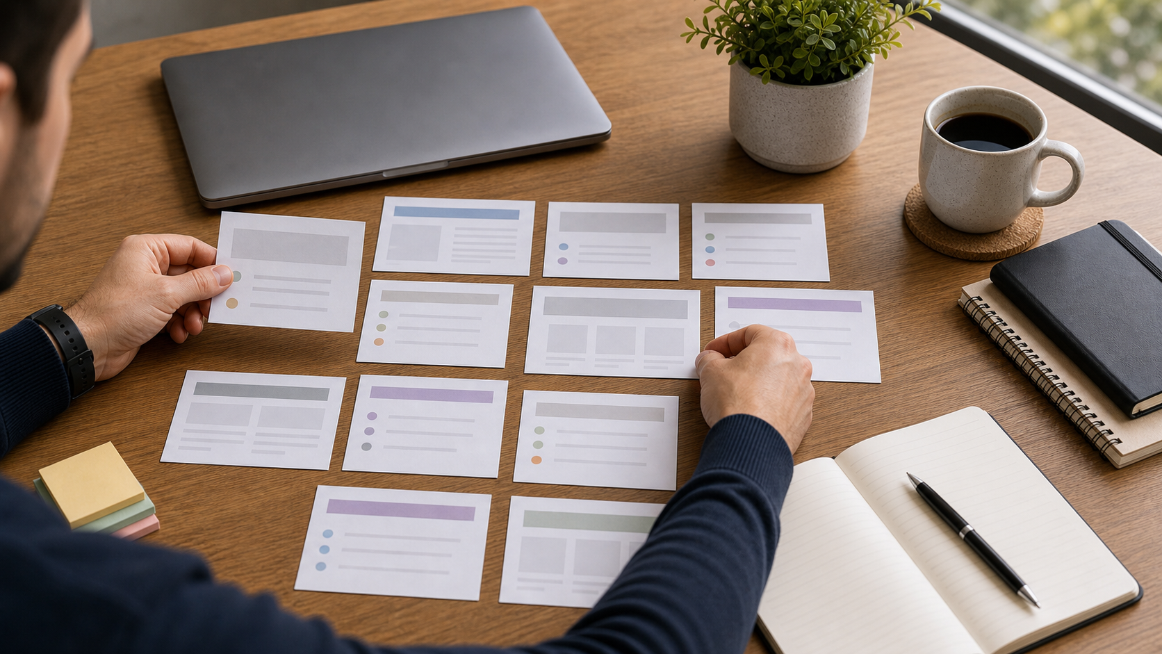 Hands arranging article sections on blank cards