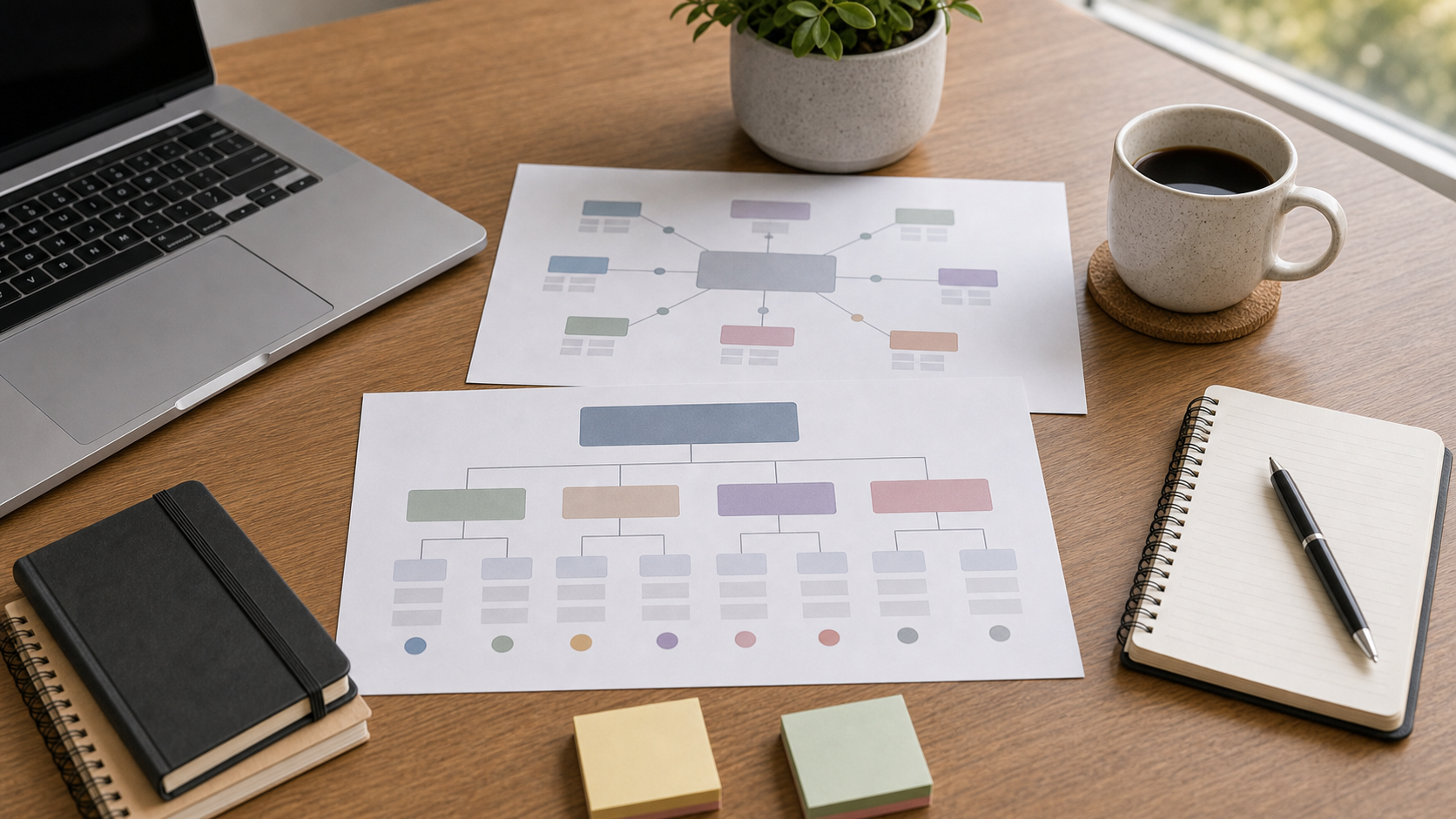 Quiet workspace with content map papers and laptop edge