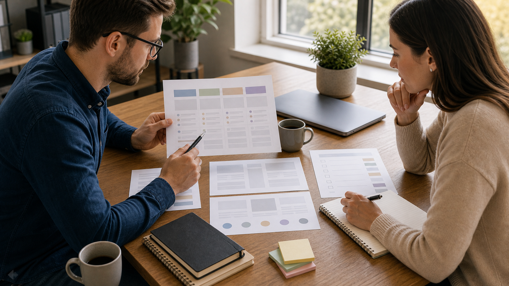 Two people reviewing printed content audit notes at a calm office table