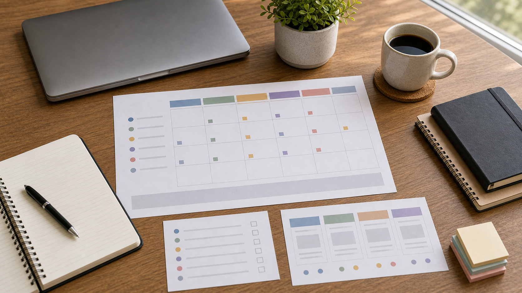 Flat lay of editorial calendar papers, pen, and coffee