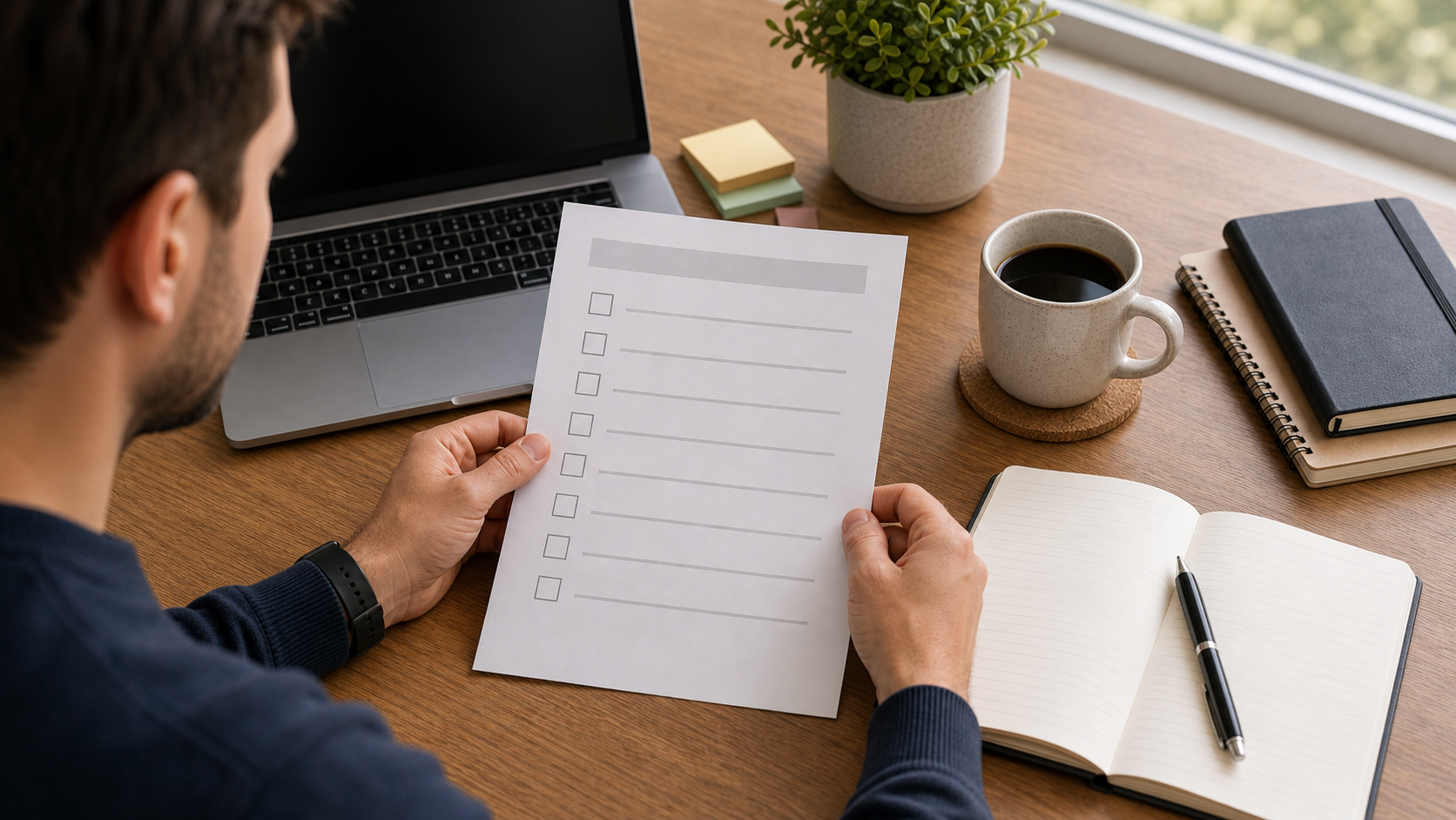Person reviewing a quiet decision checklist beside coffee and laptop keyboard