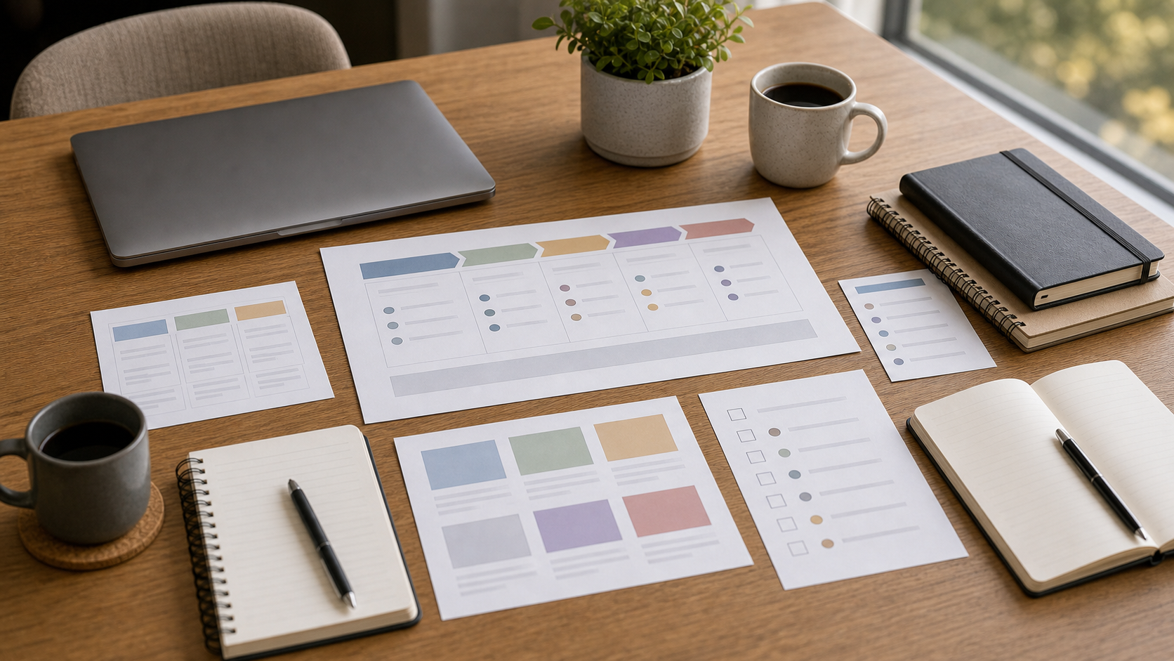 Small leadership table with notebooks, muted chart pages, and soft natural daylight