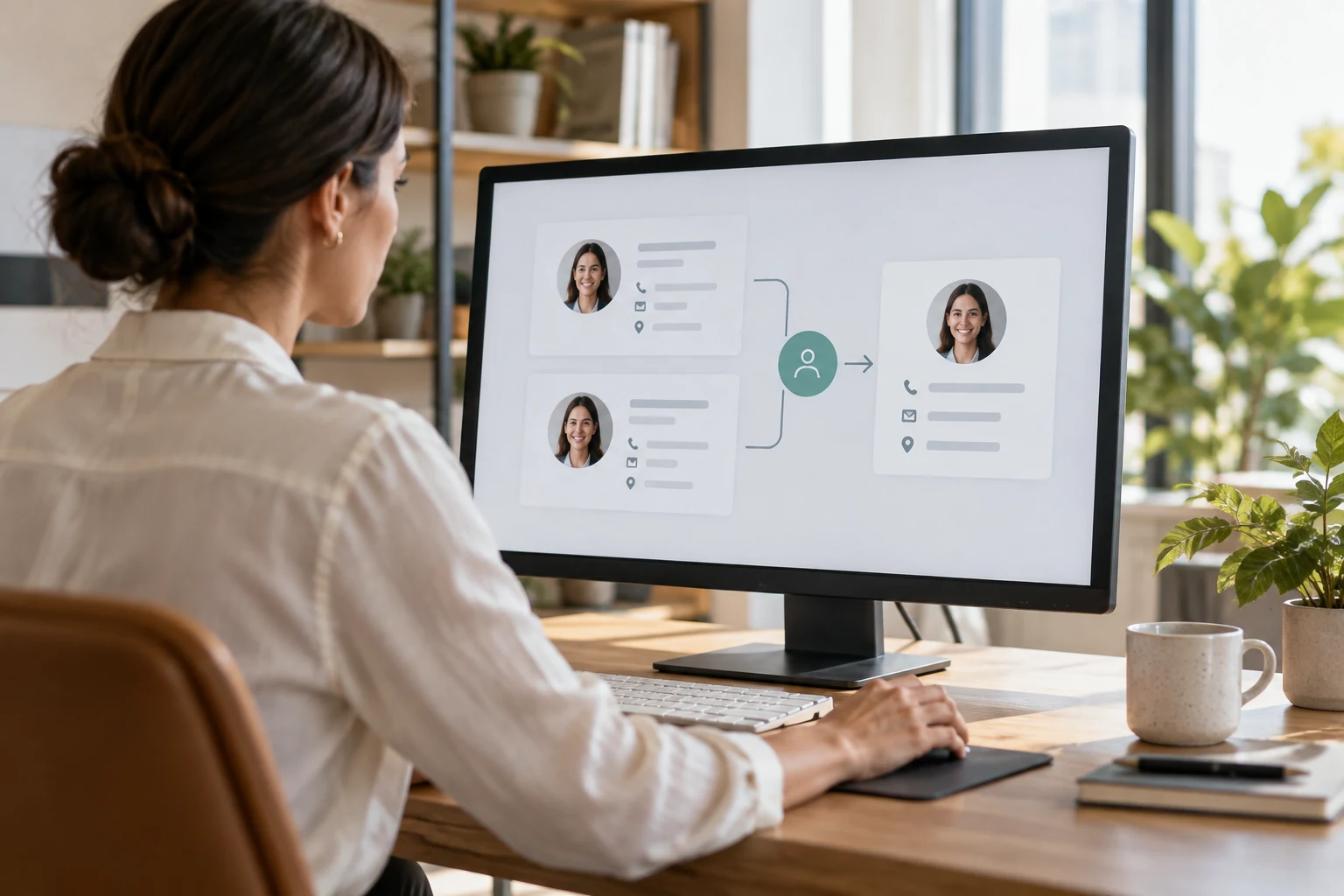 A woman works at a computer showing two profile cards merging into one.