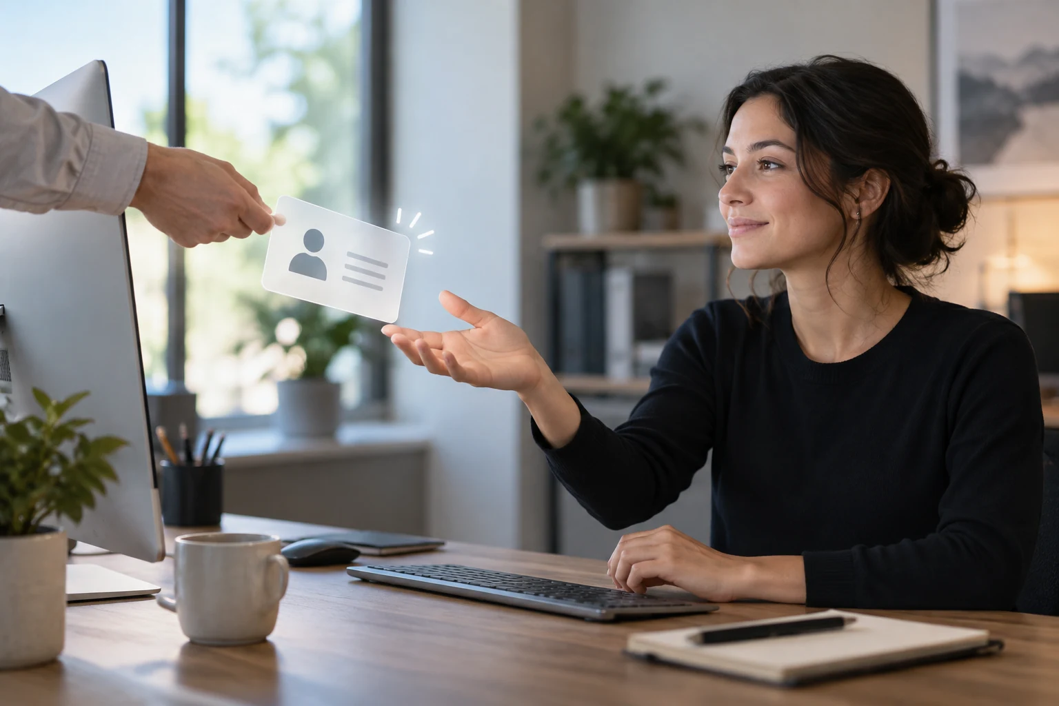 A hand passes a profile card with placeholder contact fields to a woman at a computer.