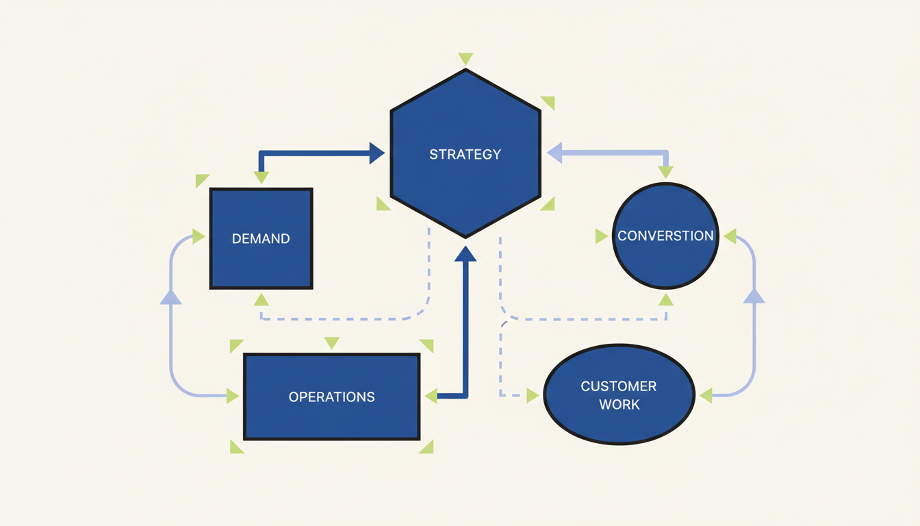 A structured capability map connecting strategy, demand, conversion, operations, and customer work.