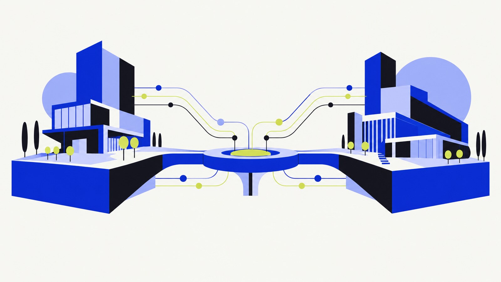 Two distinct business networks connect through a shared operating bridge.