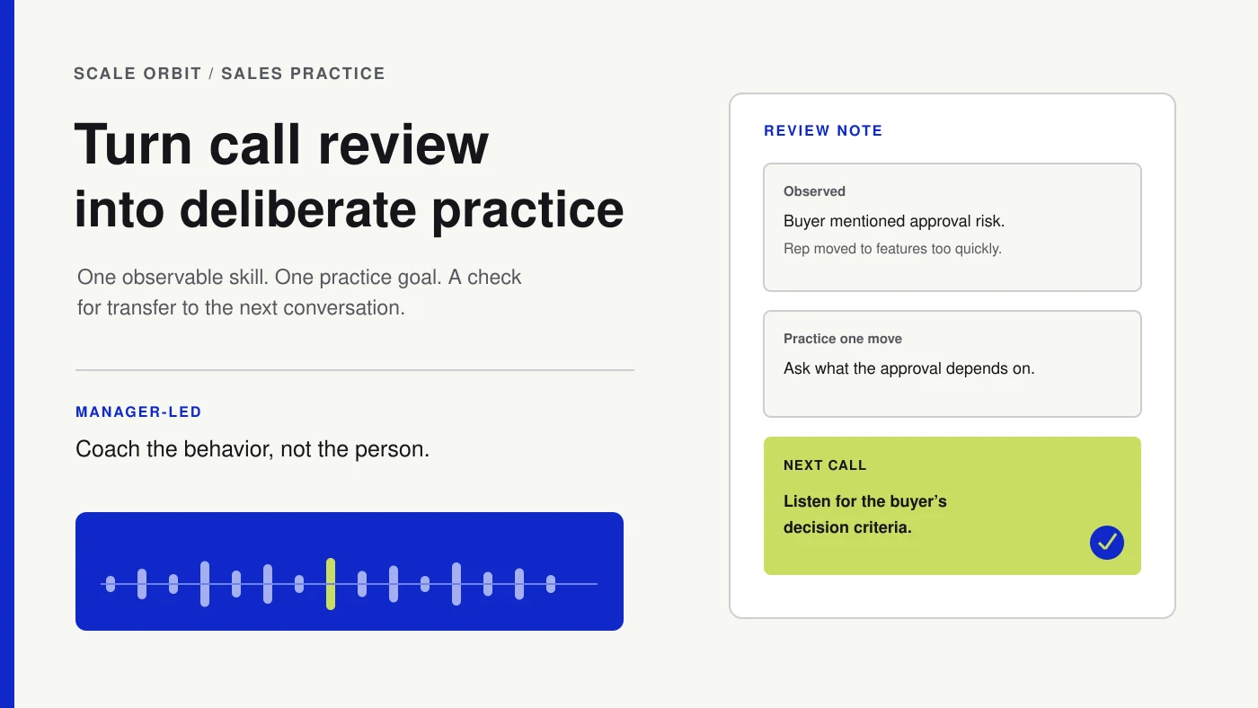 A sales call review card marks one moment for deliberate practice and a next-call focus.