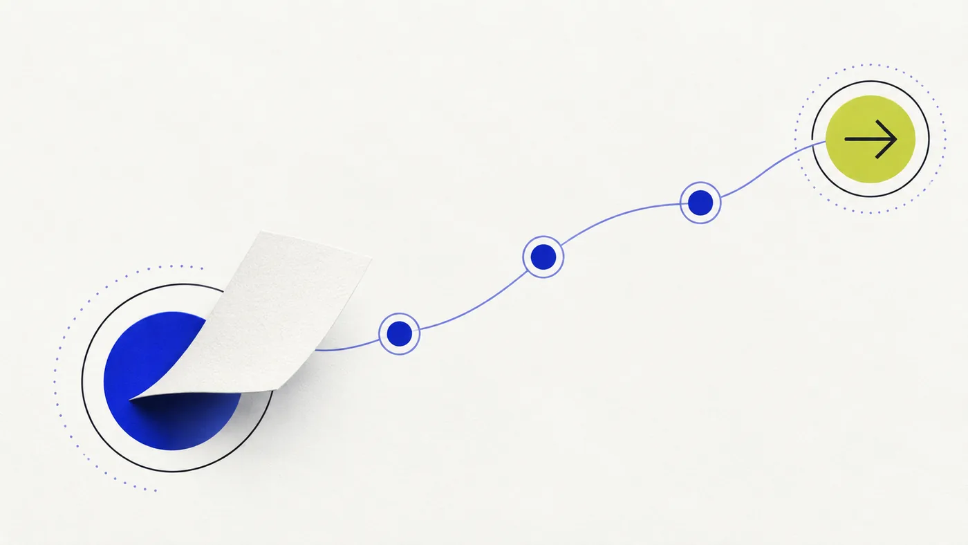 An abstract note card moves along a connected path toward a highlighted next action.