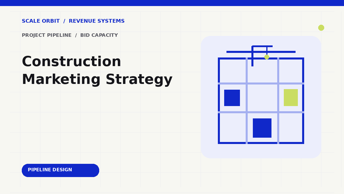 Blueprint grid with project blocks and a crane line representing project qualification and delivery capacity.