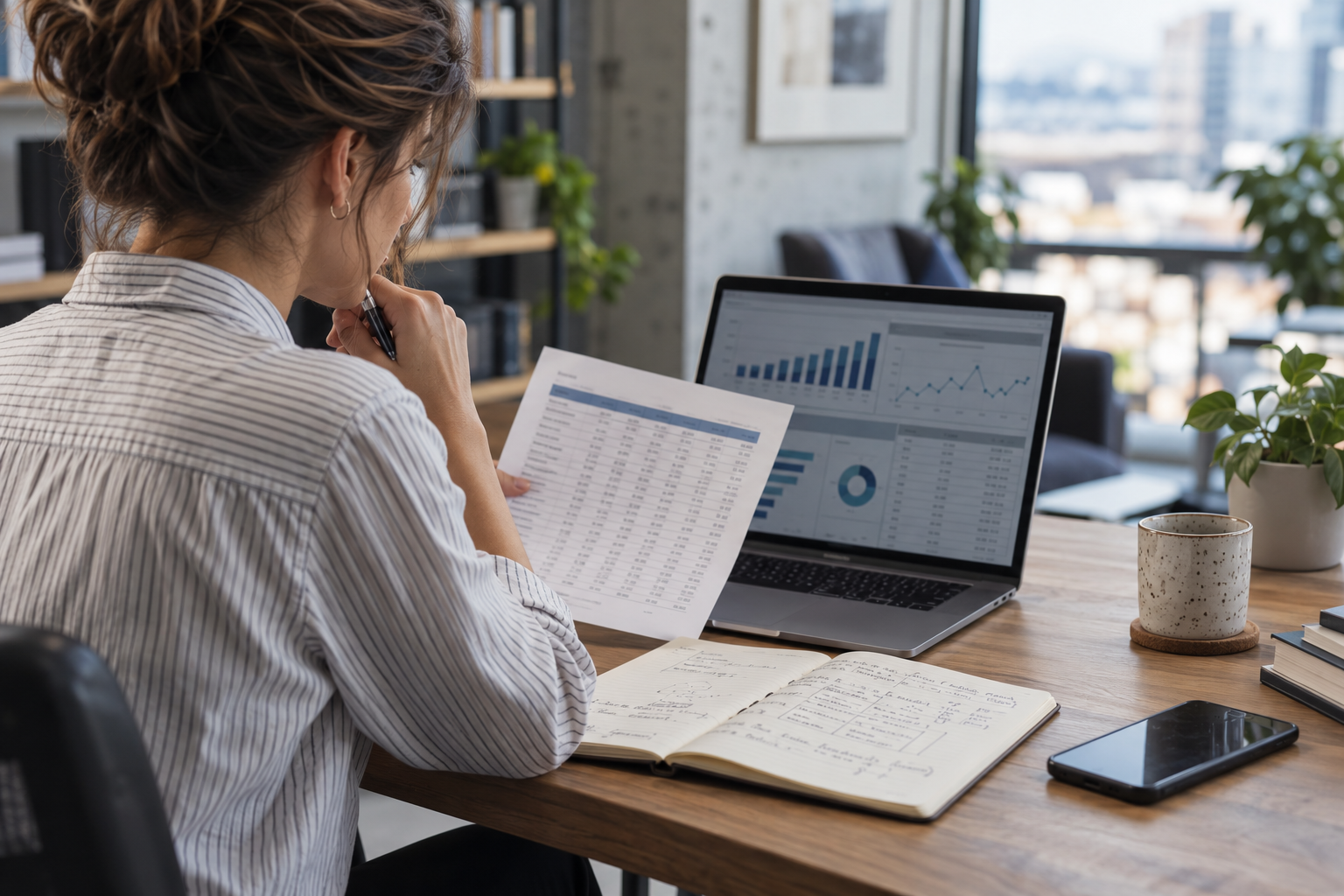 An analyst compares a printed metrics table with notes and a business intelligence dashboard.
