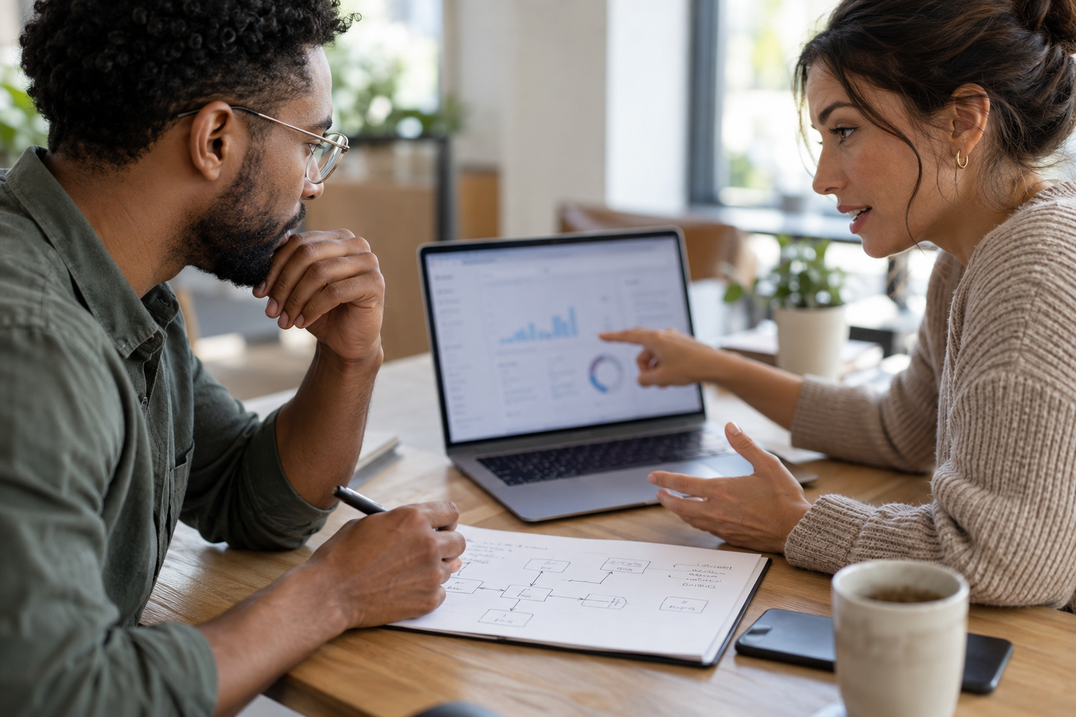 Two analysts discuss a laptop and a hand-drawn data flow sketch in a meeting.