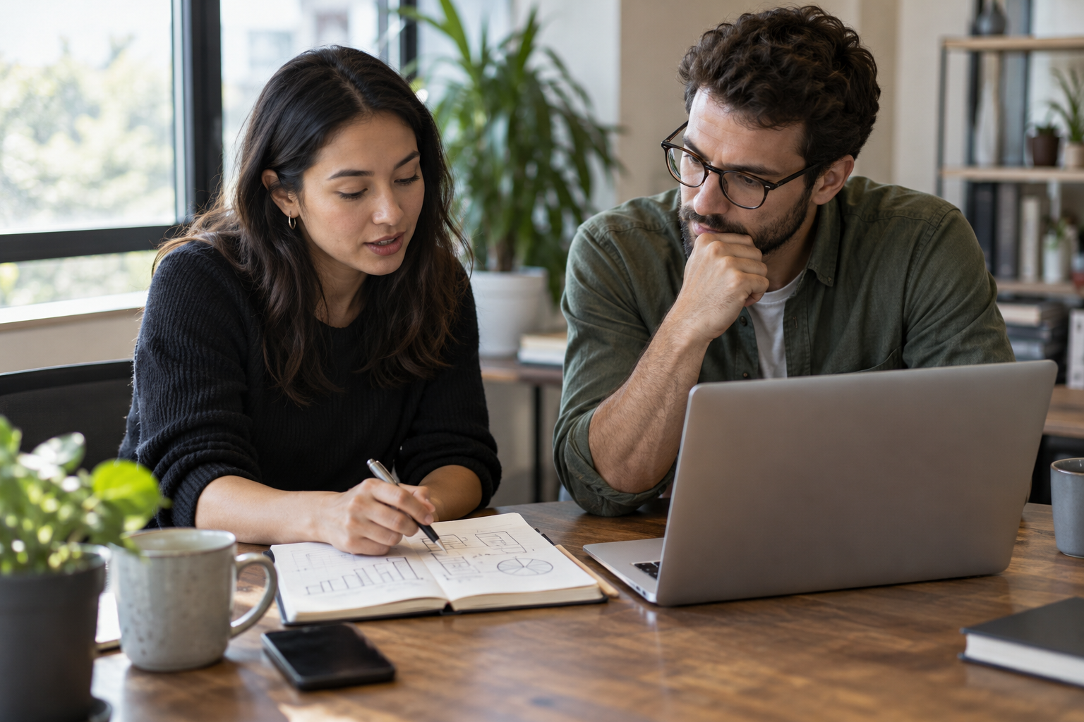 Two analysts discuss experiment notes and an analytics laptop in a daylight meeting room.