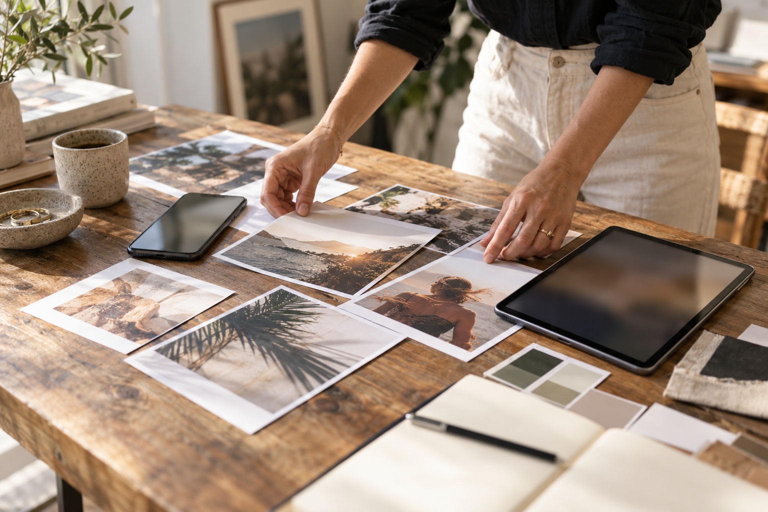 A creative strategist arranges sample campaign images and digital devices on a studio table.