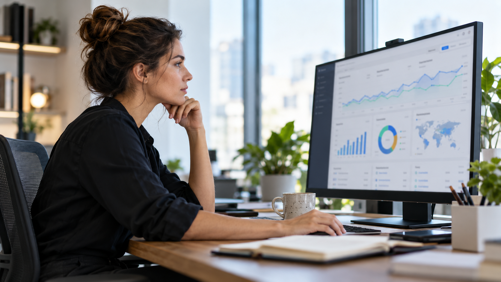 A marketing analyst reviews a softly blurred campaign performance dashboard at a desk.