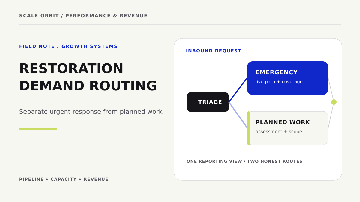 Orbit Signature cover illustration with an incoming restoration request branching into emergency response and planned project routes.