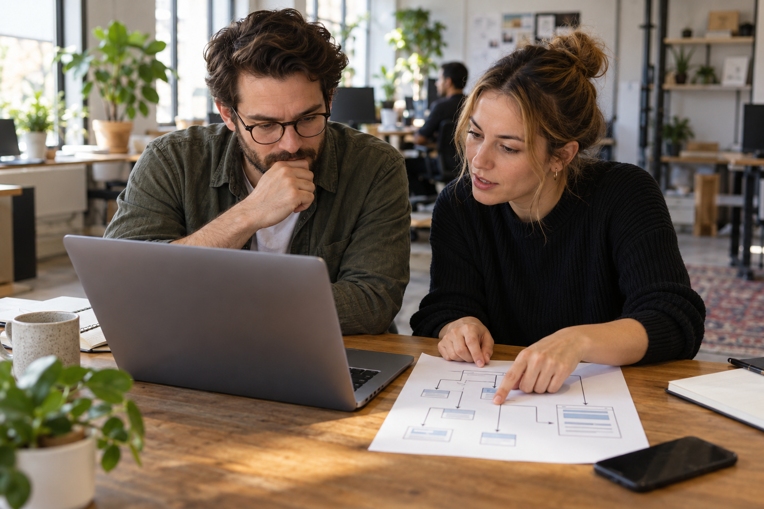 Two web developers review a laptop and a hand-drawn site map at a shared desk.