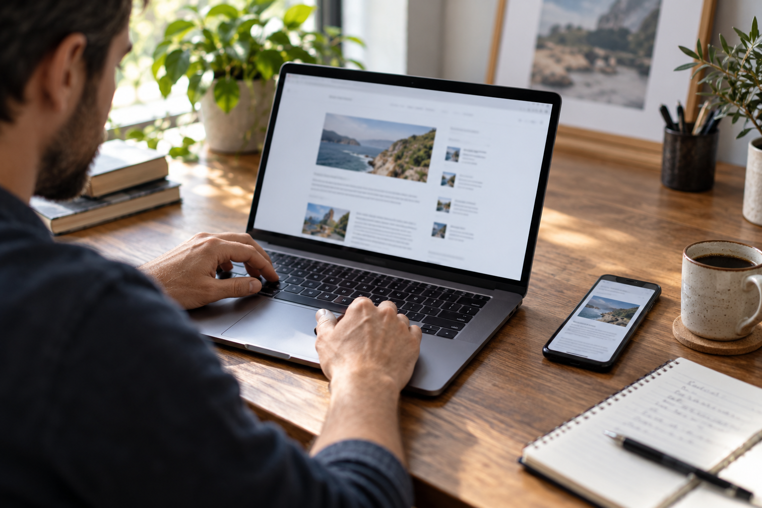 A web publisher reviews a page on a laptop with a phone nearby in a quiet workspace.