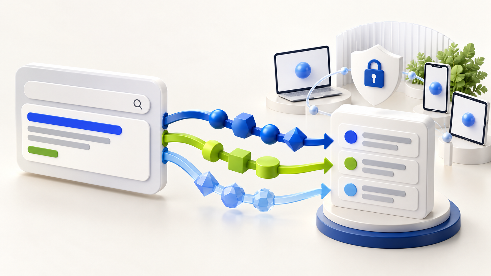 Three distinct abstract click-token paths converge from an ad click toward an analytics record.