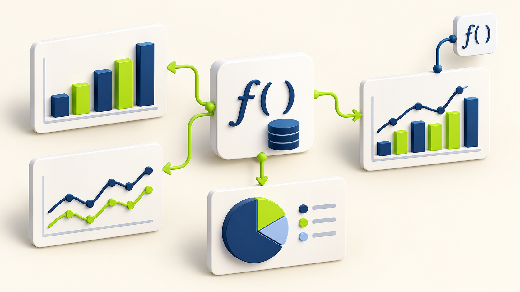 A reusable formula tile is placed at a data-source layer and a separate chart-specific calculation sits within one visualization.