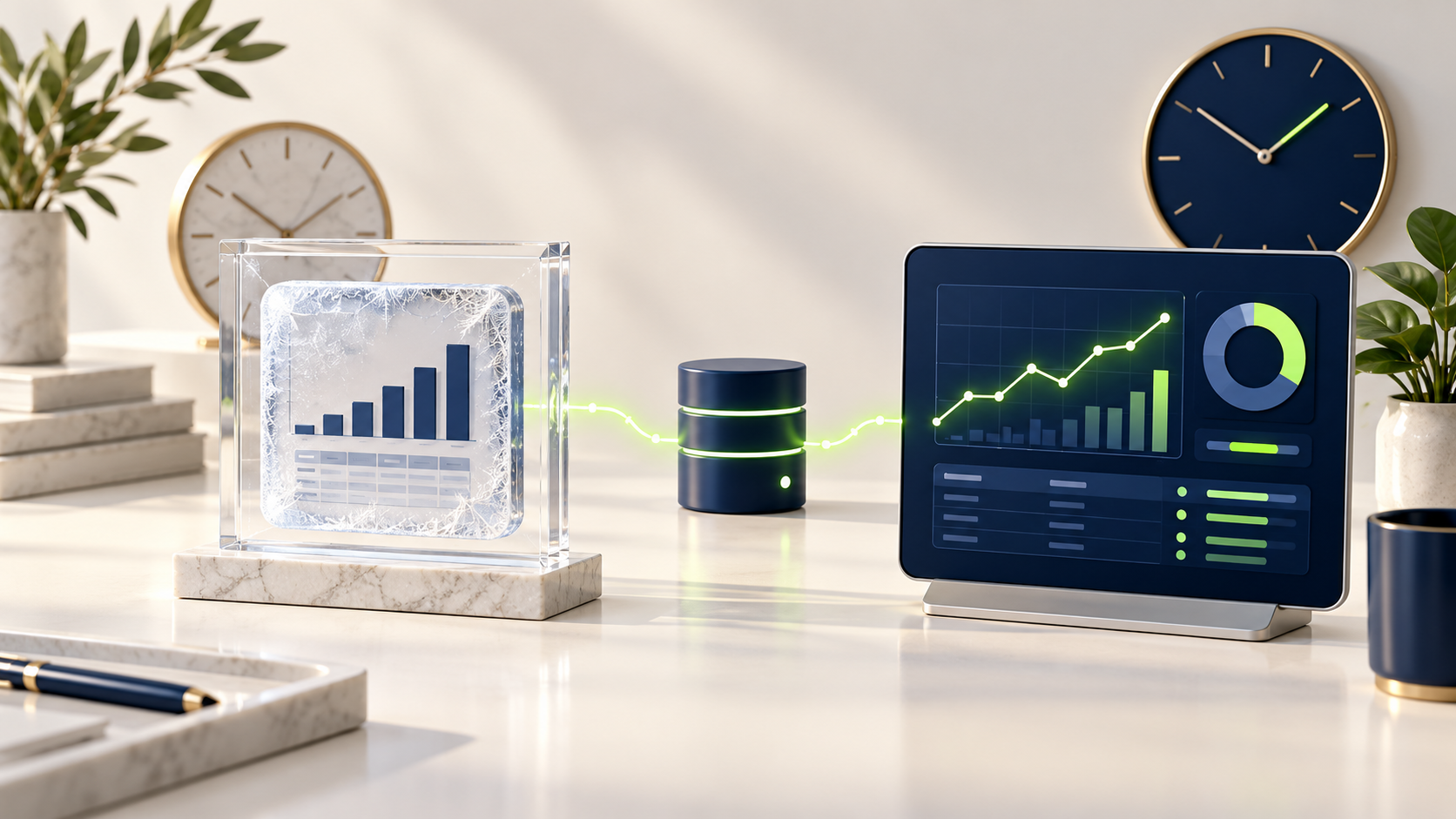 A saved dashboard snapshot beside a live data connection showing two different refresh patterns.